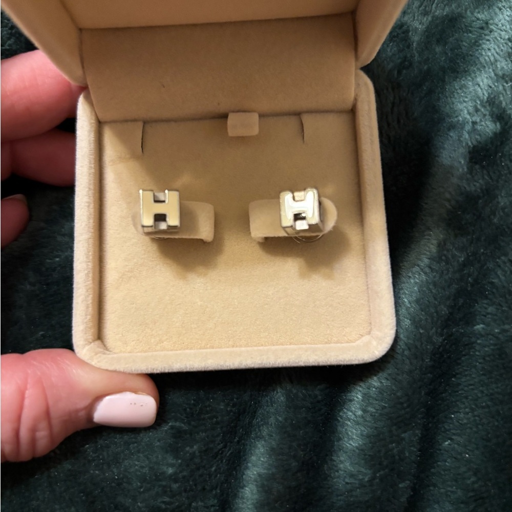 Hermes H Cube Beige and Silver Stud Earrings